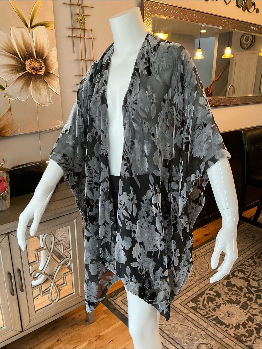 Boho Festival Sheer Burnout Flowy Wrap Silver & Black Oversized and Breezy OS
